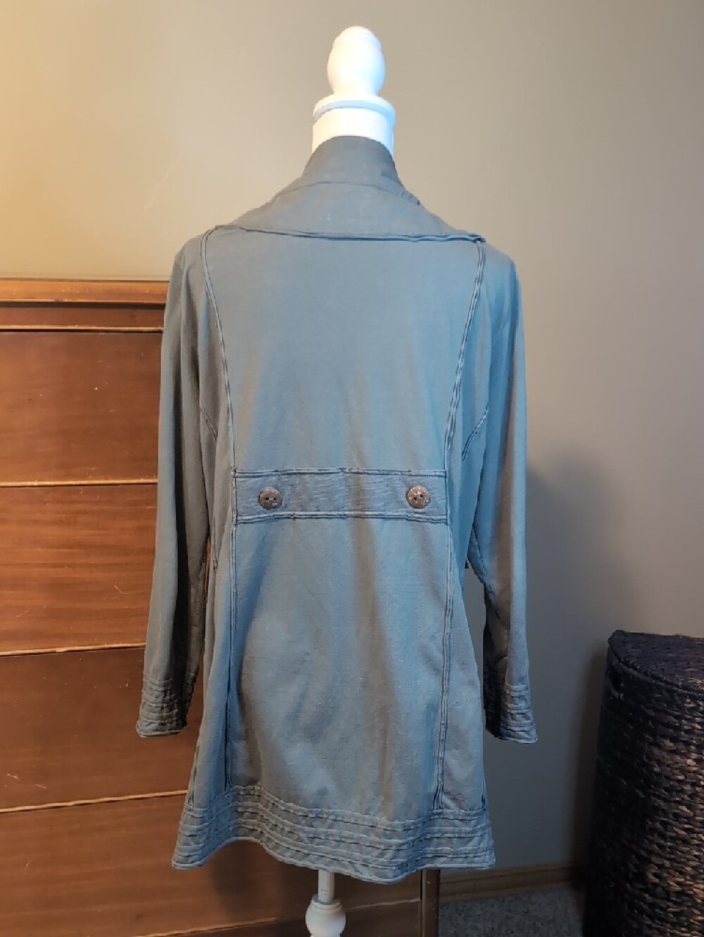 Neon Buddha Sage Green Gray Long Length Yoga Stretch Jacket Wooden Buttons XL - Picture 8 of 16